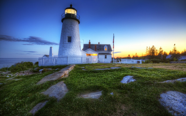 Lighthouse grassy hill sunset house free wallpaper - medium preview image