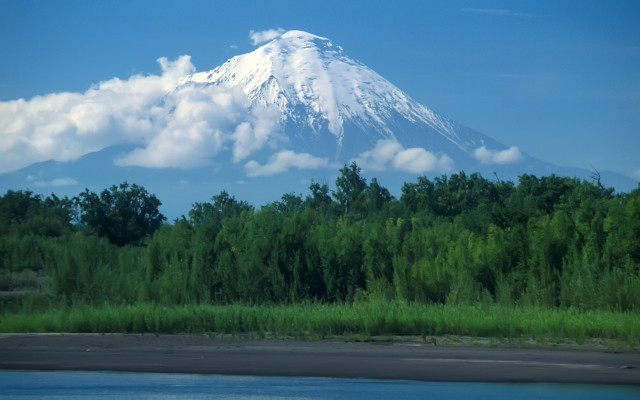 Mountain snowcapped forest lake sky free wallpaper - medium preview image