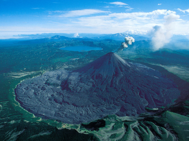 Volcano smoke aerial beach ocean free wallpaper - medium preview image