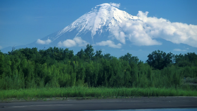 Mountain snowcap forest lake sky free wallpaper - medium preview image