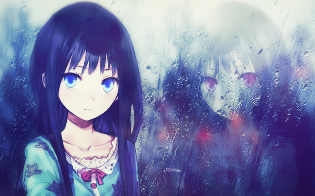 Girl blue eyes rain window free wallpaper - medium preview image