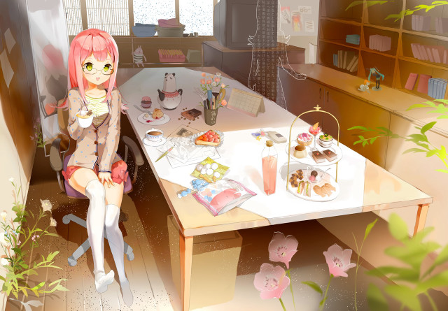 Girl sitting table food plant free wallpaper - medium preview image