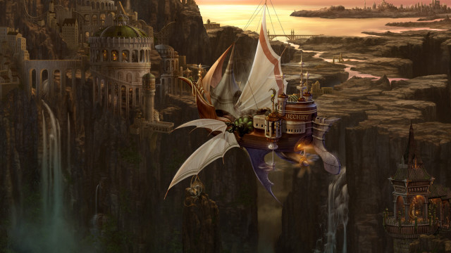 Dragon flying castle cliff waterfall free wallpaper - medium preview image
