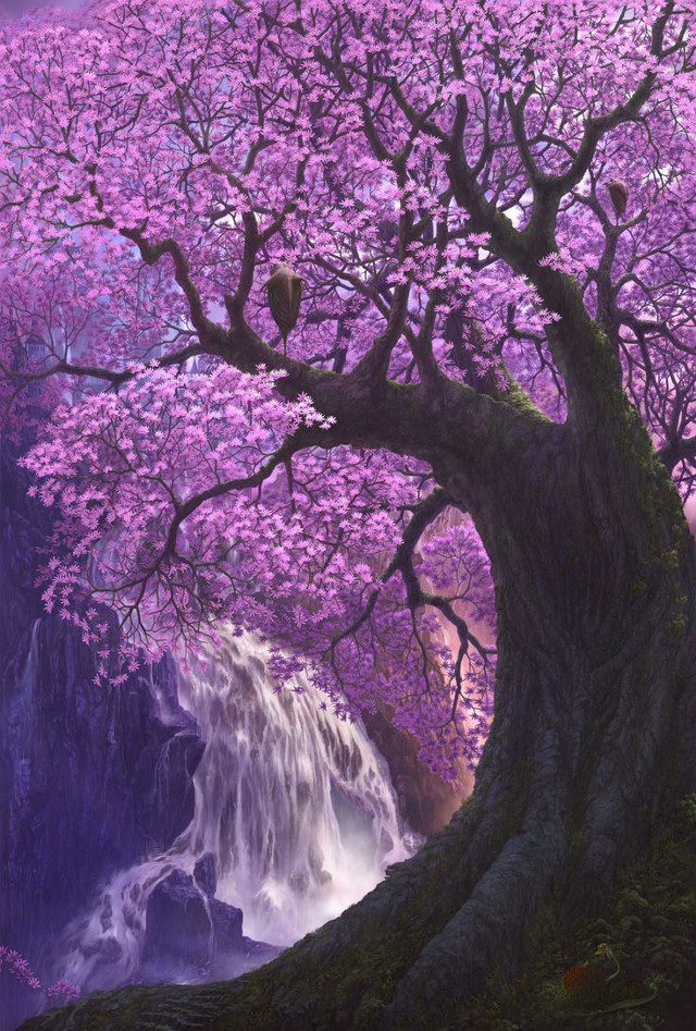 Waterfall tree purple flowers background free wallpaper - medium preview image