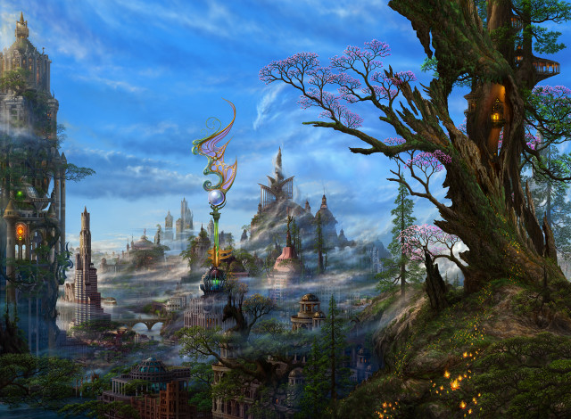 Fantasy city trees buildings sky free wallpaper - medium preview image