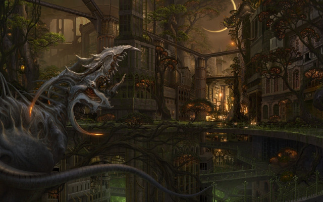 Dragon city buildings trees background free wallpaper - medium preview image