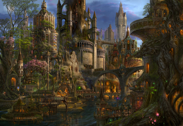 Fantasy city bridge castle trees free wallpaper - medium preview image