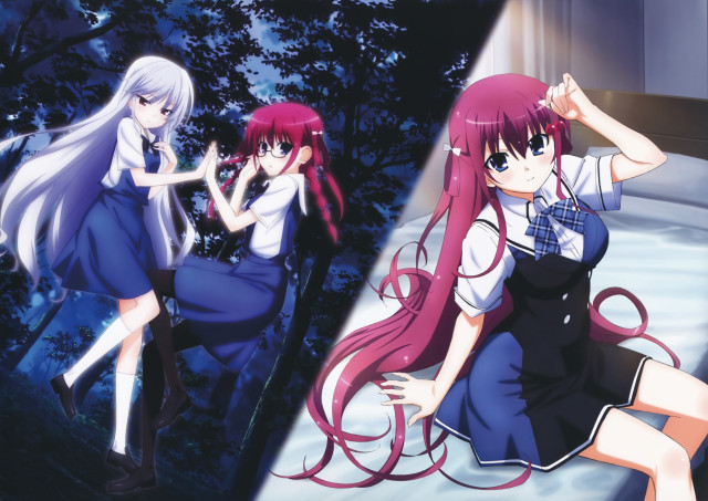 Anime girls school uniforms bench free wallpaper - medium preview image