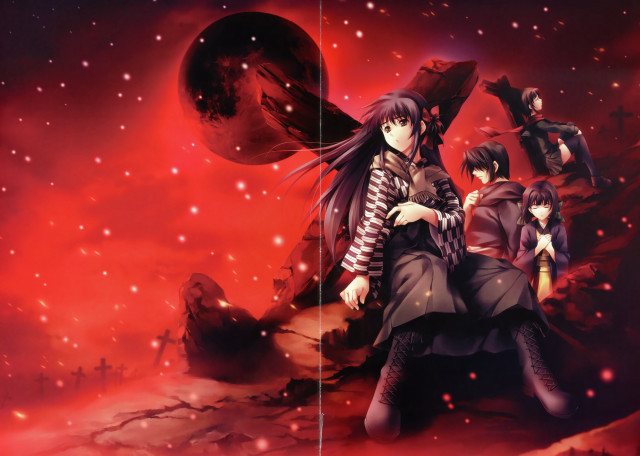 Anime characters red background stars free wallpaper - medium preview image