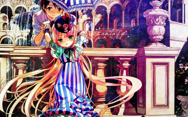 Girl boy building fountain clock free wallpaper - medium preview image