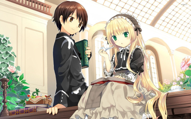 Anime couple characters room plants free wallpaper for desktop - medium preview image
