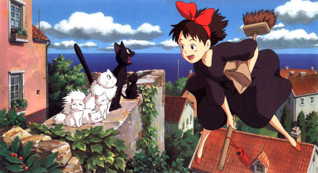 Woman flying rooftop cats back free wallpaper - medium preview image