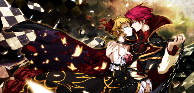 Anime couple hugging chains checkered free wallpaper - medium preview image