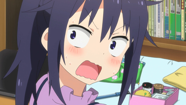 Girl purple hair surprised bookshelf free wallpaper - medium preview image