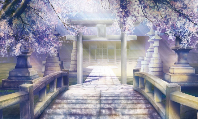 Walkway bridge blooming trees building free wallpaper - medium preview image