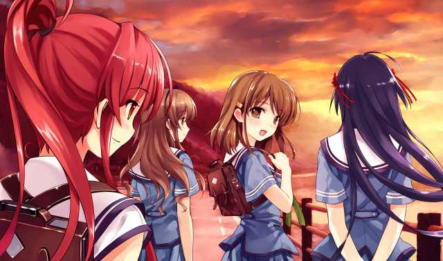 Three anime girls sunset redhair free wallpaper - medium preview image