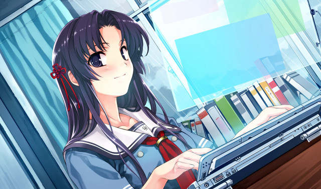 Girl holding laptop room window free wallpaper for desktop - medium preview image