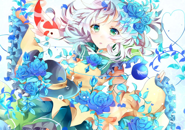 Woman blue hair flowers fish free wallpaper - medium preview image