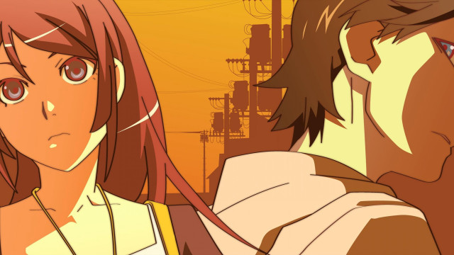 Anime couple orange background wires free wallpaper - medium preview image