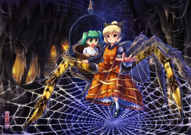 Anime girls spider web crawling free wallpaper - medium preview image