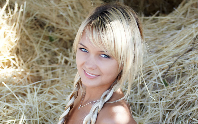 Woman braids haybales smile blue free wallpaper - medium preview image
