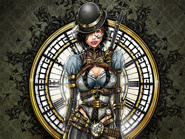 Steampunk woman clock gun outfit free wallpaper - medium preview image