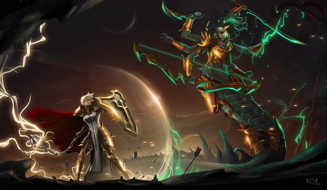 Woman white dress giant creature free wallpaper - medium preview image
