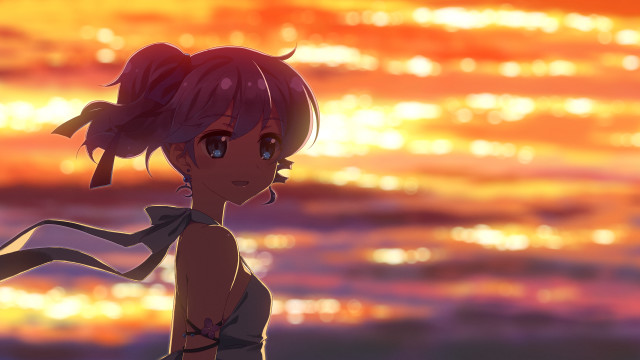Girl ponytail sunset sky water free wallpaper - medium preview image