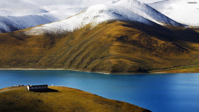 Small house island lake mountains #5 free wallpaper - medium preview image