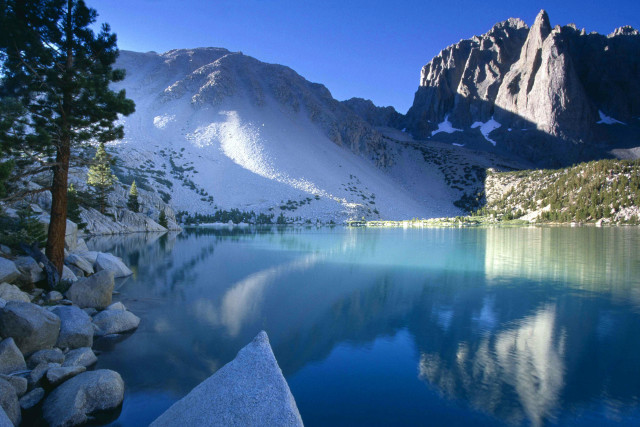 Mountain lake snowy mountains forests free wallpaper - medium preview image