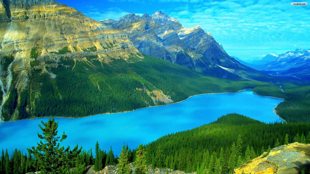 Mountain lake forest sky plane free wallpaper - medium preview image