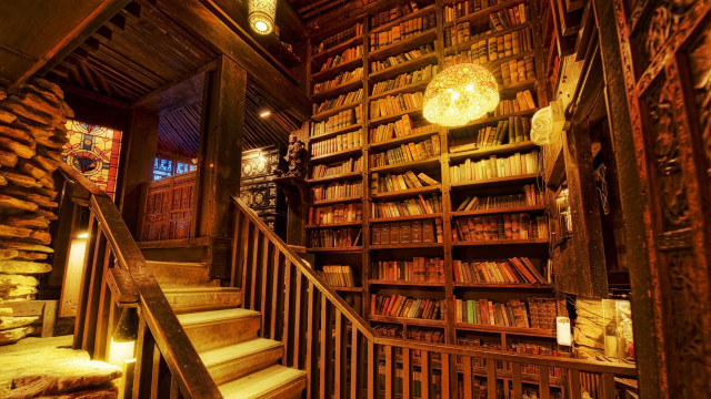 Staircase bookshelf filled lamp ceiling free wallpaper - medium preview image