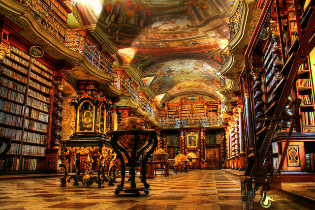 Library bookshelves clock staircase second free wallpaper - medium preview image