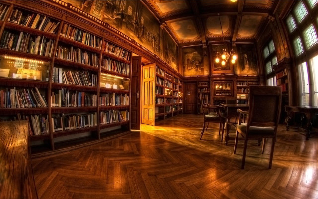 Bookshelves chairs table room library free wallpaper - medium preview image