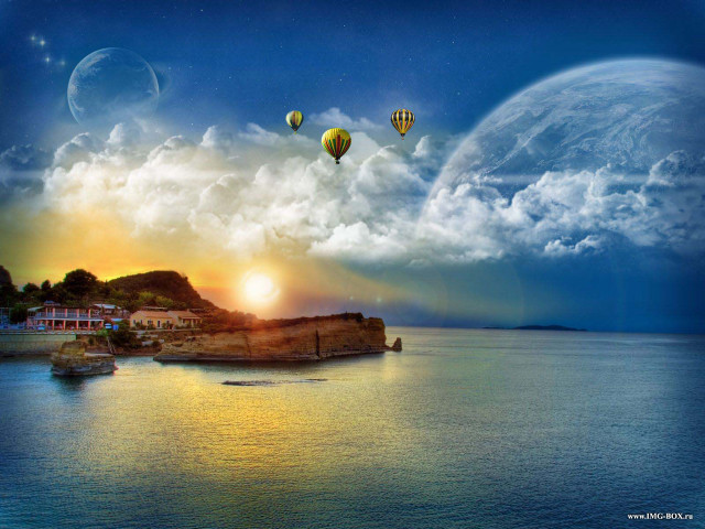 Sunset hotairballoons water town cliff free wallpaper - medium preview image