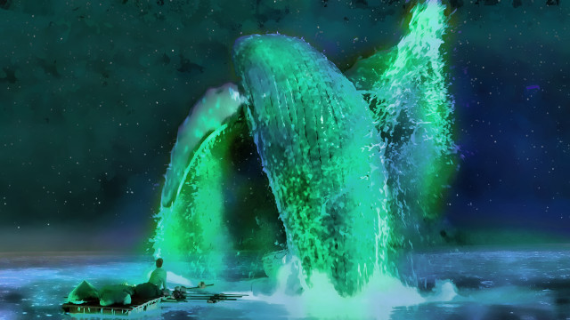 Green whales jumping ocean boat free wallpaper - medium preview image