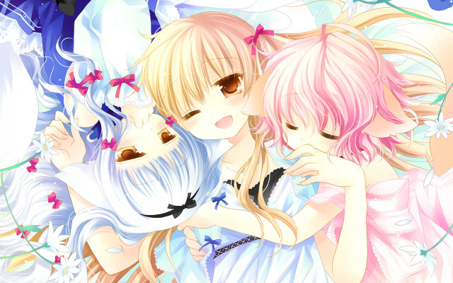 Anime girls hugging flowers cat #2 free wallpaper - medium preview image
