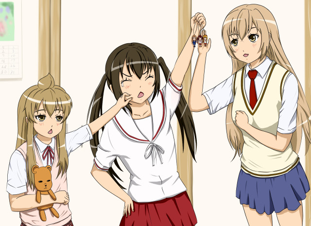 Three girls school uniforms teddy free wallpaper - medium preview image