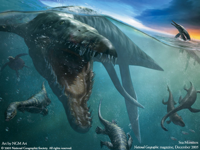 Dinosaurs swimming ocean shark man free wallpaper - medium preview image