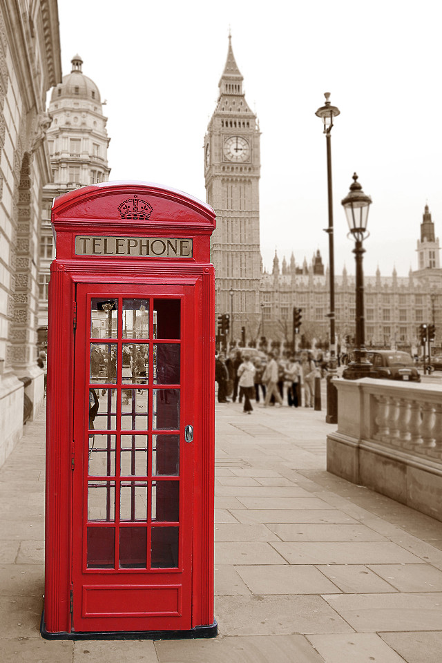 Red phone booth sidewalk clock free wallpaper - medium preview image