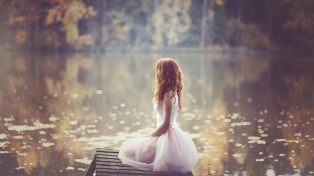 Woman white dress bench lake free wallpaper - medium preview image