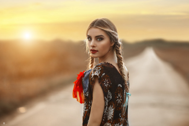 Woman braid road sunset background free wallpaper - medium preview image