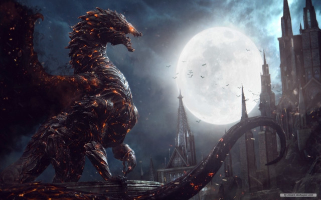 Godzilla fullmoon fantasy cityscape dragon free wallpaper - medium preview image
