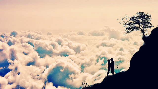 Person mountain top clouds tree free wallpaper - medium preview image