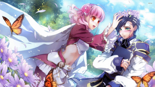 Anime characters field flowers butterflies free wallpaper - medium preview image