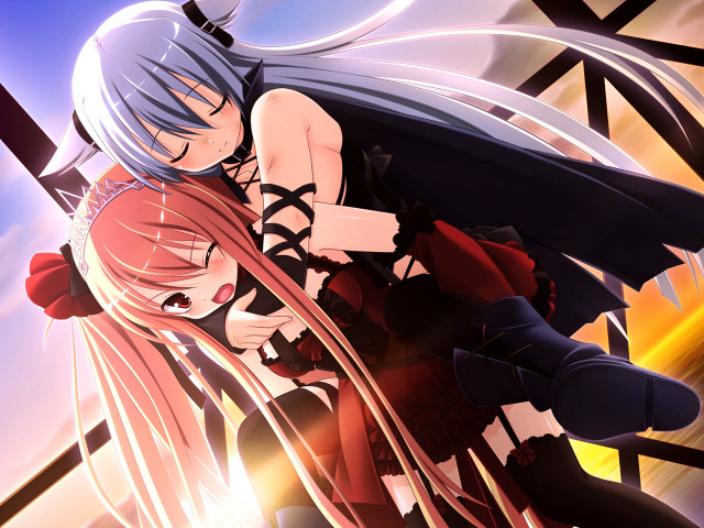 Anime couple hugging clocktower sunset free wallpaper - medium preview image