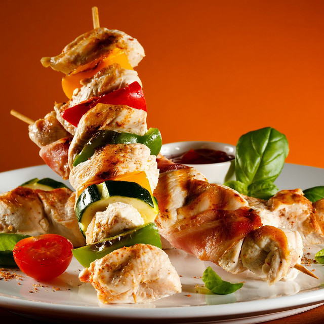 Chicken vegetables skewers sauce side free wallpaper - medium preview image