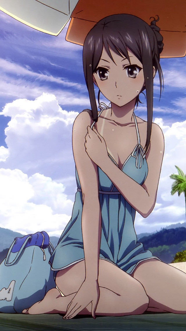 Woman sitting ground umbrella blue free wallpaper - medium preview image