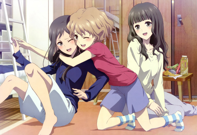 Girls sitting floor hugging wine free wallpaper - medium preview image