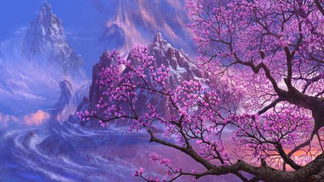 Mountain river trees purple sky free wallpaper - medium preview image